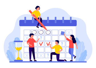 Schedule, calendar, planner concept. Group of people plans, marks dates, deadlines. Business team organizes workflow. Vector illustration