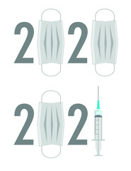 Corona year 2020 face mask and Covid vaccination year 2021. Virus new vaccine help syringe against coronavirus. vector illustration