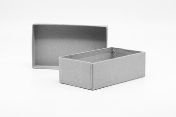 Open small rectangle carton box isolated on white black and white