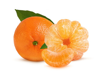 ripe and sweet tangerine with green leaves on a white background