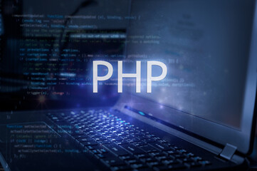 PHP inscription against laptop and code background. Learn php programming language, computer...