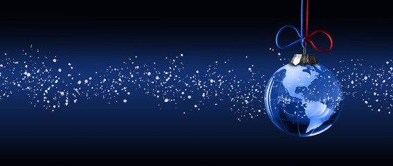 New year 2025 usa and us christmas globe earth. Blue christmas bauble with map earth ball globe with red and blue ribbon and north and south america. 