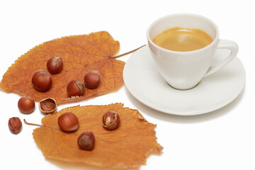 White cup of black coffee with brown hazel leaves and hazelnuts on white background, isolated