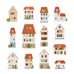 Timber-framed buildings set. Old houses. Europe