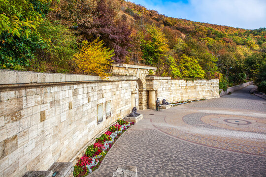 A platform at the entrance to Proval, enclosed by a stone wall. Pyatigorsk. Stavropol region. Russia