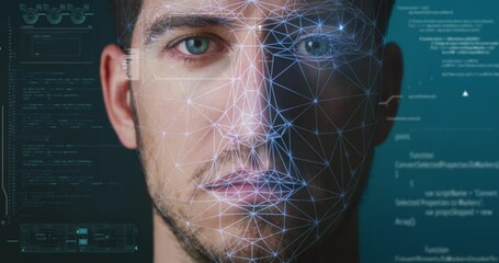 Futuristic sophisticated innovative technology scanning with augmented reality holograms of an young man for facial recognition to ensure personal safety.  - Powered by Adobe