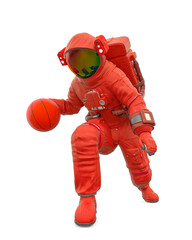 astronaut is dribbling on basketball