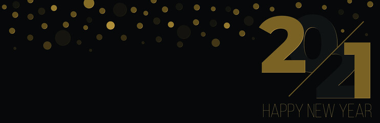 Black and gold background 2021 year with confetti. Horizontal banner, poster, header website, vector illustration