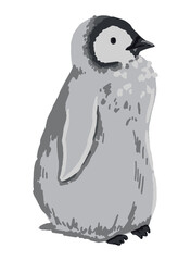 Cute emperor penguin chick. Hand drawn vector animal illustration. Realistic colored drawing of wild bird. Cartoon picture isolated on white. Single element for design, print, card, decor, sticker etc