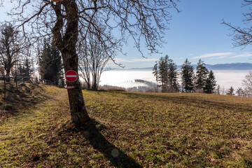 ground fog in valley, seen from mountain Pleschkogel near village Rein in Styria, Austria