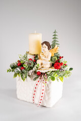 Advent composition with candles, table handmade arrangement mini decoration for new year, artificial Christmas tree interior decoration