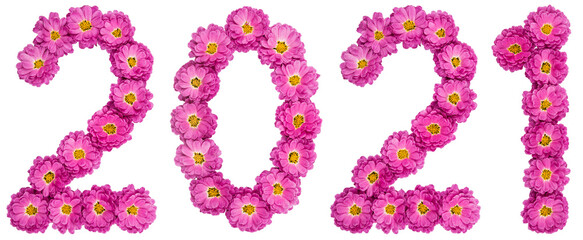 Numeral 2021 from flower of chrysanthemum, isolated on white background