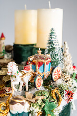 Advent wreath with candles, table handmade arrangement mini decoration for new year, artificial Christmas tree interior decoration