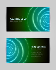 Business card with abstract circular waves vector template. Green sound vibration running through water with bright creative gradient.