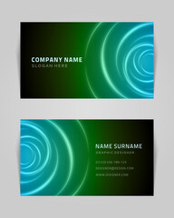 Fototapeta premium Business card with abstract circular waves vector template. Green sound vibration running through water with bright creative gradient.