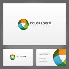 Fototapeta na wymiar Business abstract card with logo sphere vector banner. Orange circle with geometric green oval and blue symbolic flower.