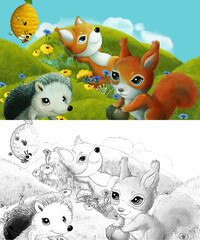 cartoon scene with sketch with forest animal on the meadow having fun