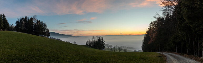 ground fog in area named "Steirisches Almenland" near Semriach in Styria, Austria