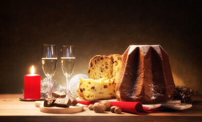 Christmas, with panettone, pandoro and sparkling wine for two, space for text. - 395803627