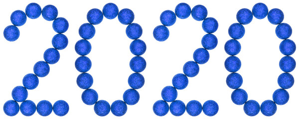 Numeral 2020 from blue decorative balls, isolated on white background