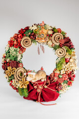 Advent wreath with candles, table handmade arrangement mini decoration for new year, artificial Christmas tree interior decoration