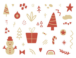 Unique hand drawn Holiday collection. Christmas design elements set. Winter party sticker decoration. Social media cover design. Daily planner. Greeting card. Vector illustration
