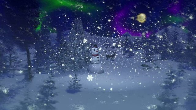 A Christmas snowman stands among the trees. Reindeer walks during a snowstorm on the backdrop of the northern lights of Norway. Festive animation of snowflakes flying in the night forest.