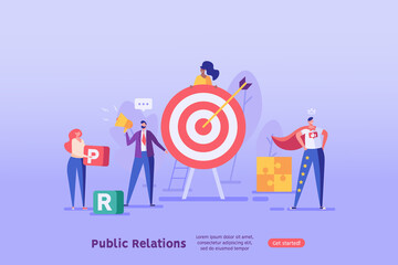People are engaged in PR, targeting, marketing. Successful work on the Internet and office. The concept of journalism, advertising, online advertising, public relation  in flat design