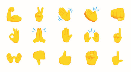 Hand Emojis Gestures Vector Icons Set. Gesture emoticon icon set. Biceps, fist, victory hand, folded hands in one vector collection