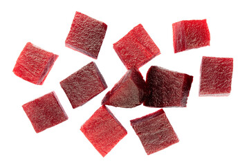 Slices of red boiled beets isolated on white background, top view. Heap of chopped boiled beets on...