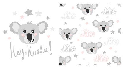 Seamless pattern with cute cartoon character koala and clouds, stars. Print for baby shower party. Vector print with baby koala.