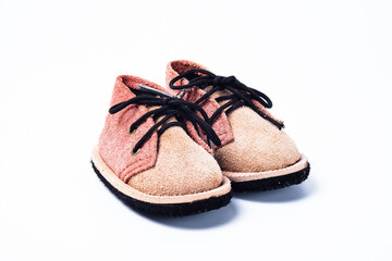 Babies Suede Safari Boots with brown and red color. Isolated on white background