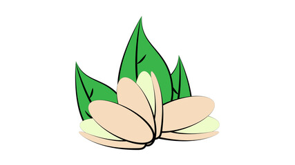 nuts on a white background, vector illustration, neon. nuts lie on the ground, under green oblong leaves. peeled pistachios. appetizing healthy pistachios, vitamin product
