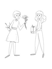 Doodle line art christmas card. Holiday greeting. Hand drawn style vector. Young women. Lesbian lgbtq valentine's day greetings.