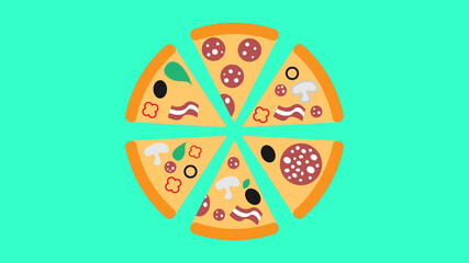 pizza with toppings on a blue background, vector illustration. a lot of pizza slice with different fillings of salami with lard, olives, bacon and vegetables with herbs. fast food snack