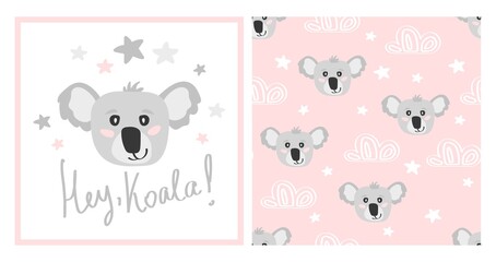 Seamless pattern with cute cartoon character koala and clouds, stars. Print for baby shower party. Vector print with baby koala on pink background.