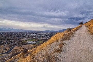 Provo Landscape views from the Bonneville Shoreline Trail (BST) and the Y trail, ancient Lake Bonneville, now the Great Salt Lake, Wasatch Front Rocky Mountains, Utah. United States.