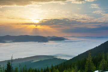 Naklejka na ściany i meble Beautiful sunrise in the Carpathian mountains with fog and dramatic sky