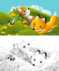 Obraz na płótnie Canvas cartoon scene with sketch with forest animal on the meadow having fun