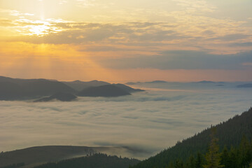 Fototapeta na wymiar Beautiful sunrise in the Carpathian mountains with fog and dramatic sky