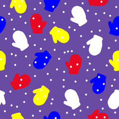 Simple winter pattern. Purple background, colored mittens, snow. The print is well suited for Wallpaper, textiles and banner.