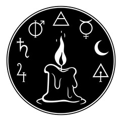 Obraz premium Composition with burning candle and magic symbols