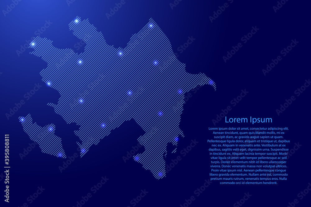 Poster azerbaijan map from blue pattern slanted parallel lines and glowing space stars grid. vector illustr