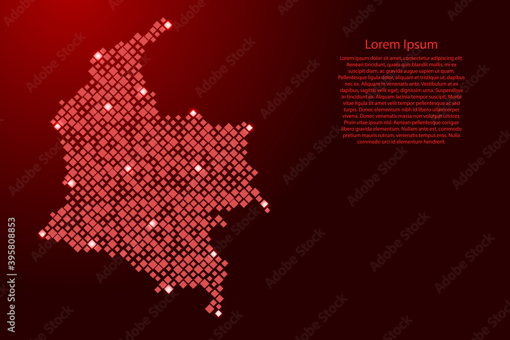 Aufkleber colombia map from red pattern rhombuses of different sizes and glowing space stars grid. vector illu