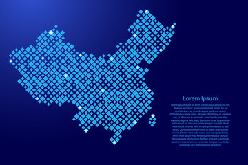 Obraz premium China map from blue pattern rhombuses of different sizes and glowing space stars grid. Vector illustration.