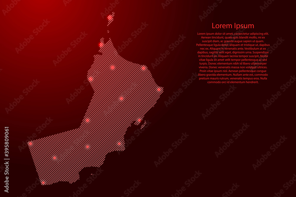 Poster oman map from red pattern slanted parallel lines and glowing space stars grid. vector illustration.