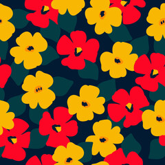 Simple vintage pattern. Dark blue background, yellow and red flowers. Print is well suited for textiles, banners and Wallpapers, packaging.