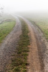Fog over country road in the autumn. Autumn landscape. A dirt road in the fog in the Czech Republic. Mysterious landscape.