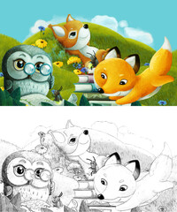 cartoon scene with sketch with forest animal on the meadow having fun