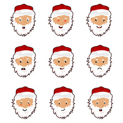 Obraz na płótnie Canvas Santa Claus Face with White Beard Expressing Different Emotions Vector Set